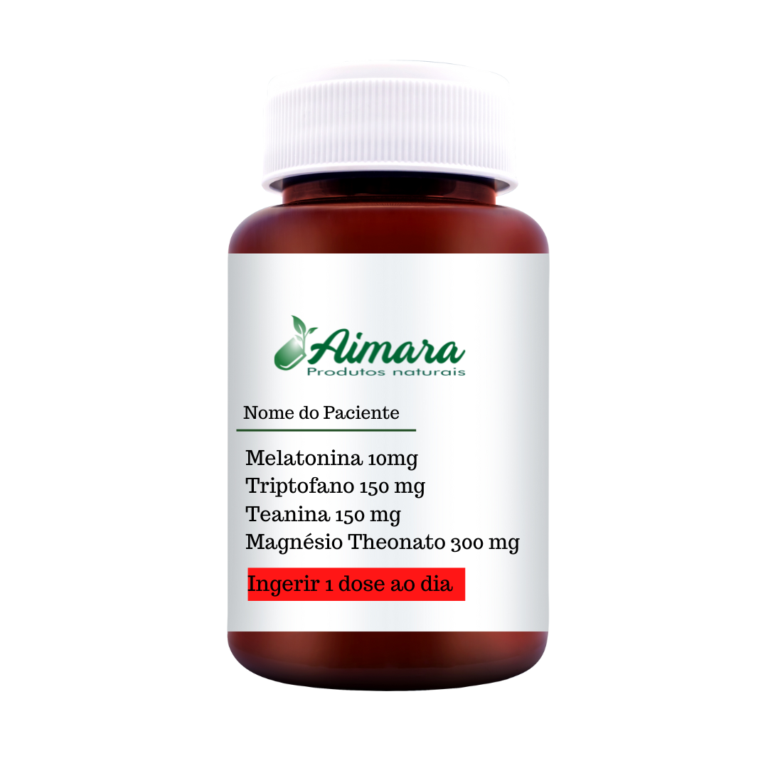 Insônia e Ansiedade- Melatonina 10mg+Triptofano 150 mg+Teanina 150 mg+ Magnésio Theonato 300 mg (Manipulado)