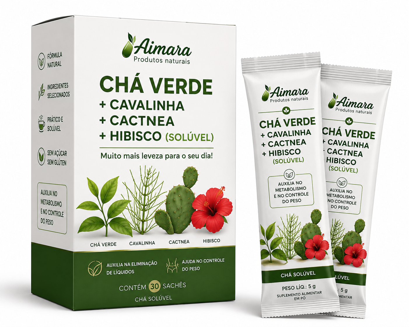 Chá Verde + Cavalinha + Cactnea + Hibisco (Solúvel)- 30 sachês